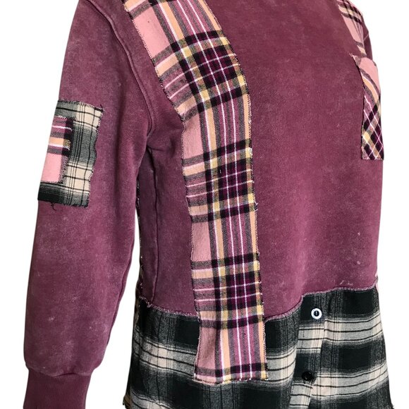 Upcycled Patchwork Hoodie, S-M: Distressed Magenta Grunge Sweater, Campus Style - Picture 9 of 16